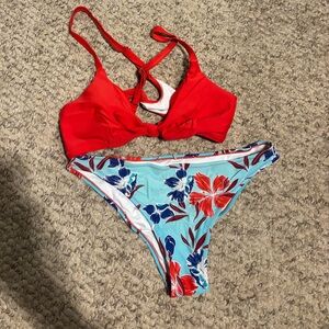 Red and Floral Bikini Set